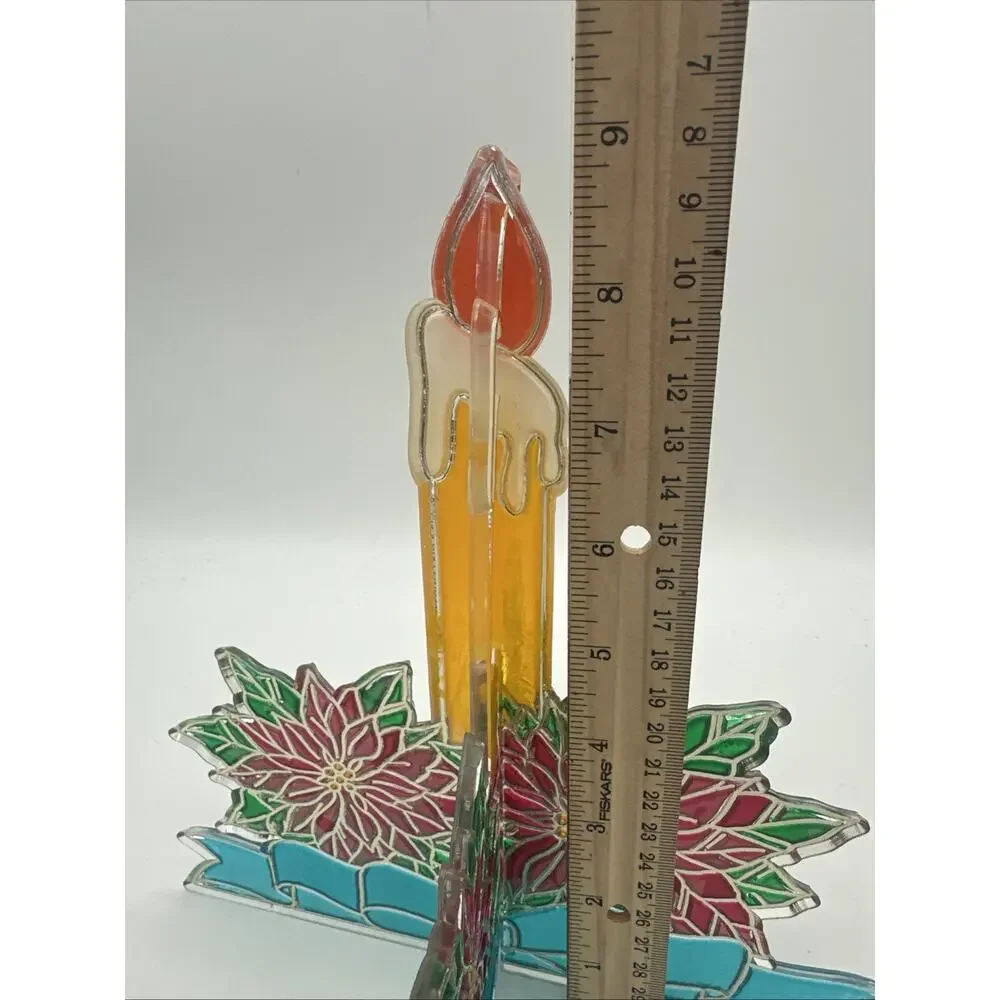 Vintage Christmas 3D Suncatcher Window Decor Candles Faux Stained Glass Candle